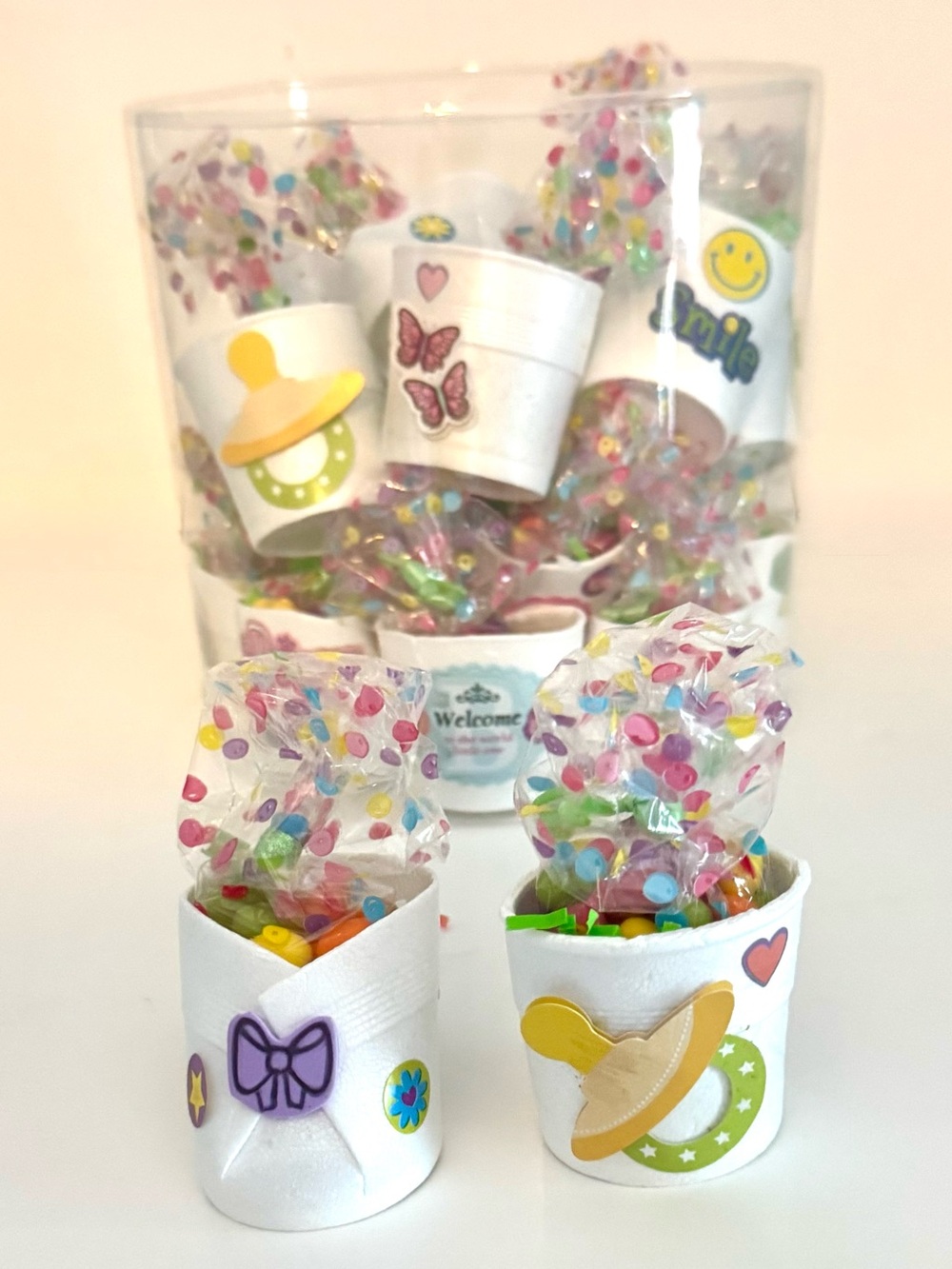 23 - Handmade Party Favor Styrofoam bootie Cups w/stickers & tic tac Chewy Candy